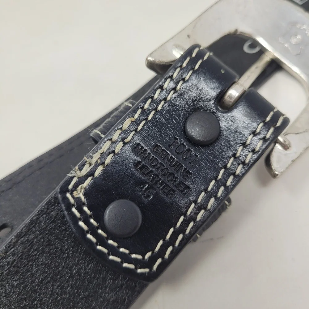 Cowboy Chrome Belt Mens 46 Black Leather Handtooled Basketweave Western Cowboy